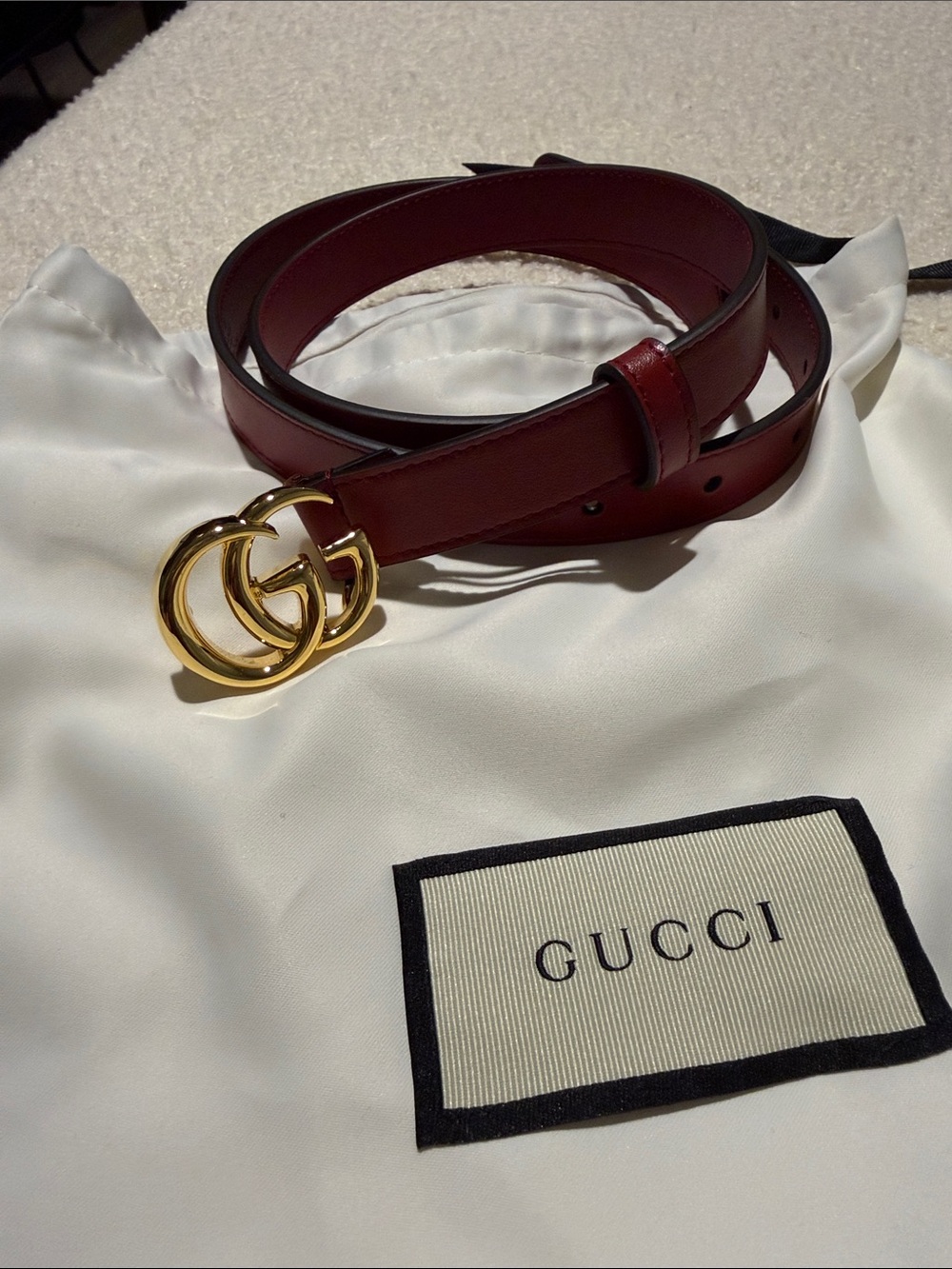 Gucci Maroon Leather Double G Logo Belt with Gold Buckle